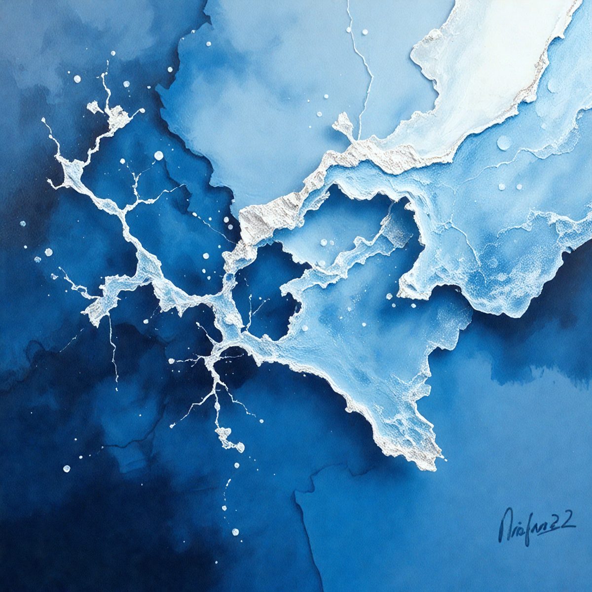 The primary subject of the image is a painting of a blue ocean with white clouds. The setting is a blue ocean with white clouds, and the visual style is a painting. The dominant colors are blue and white, creating a serene and calming atmosphere.